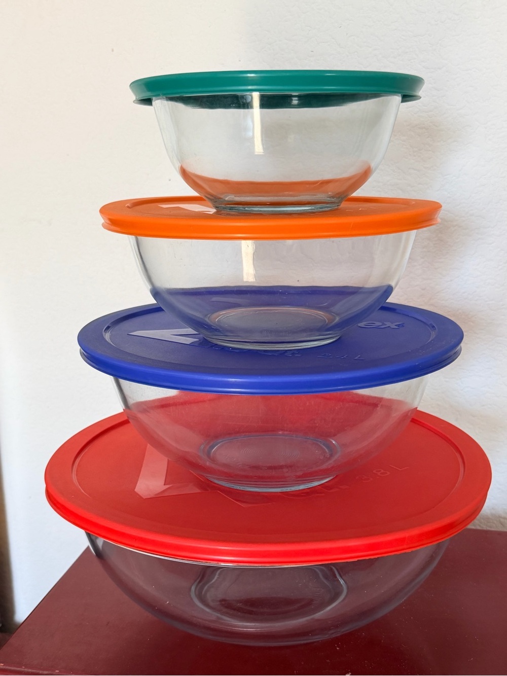 Pyrex Glass Bowl Set with Green, Orange, Blue and Red Lids